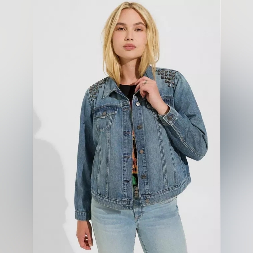 Torrid Soft Blue Jean Jacket with Silver Studs 4x